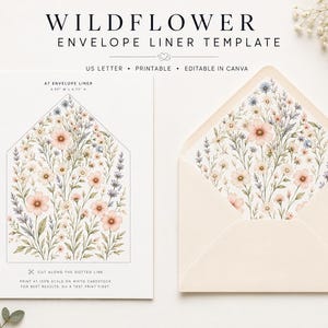 May include: A wildflower envelope liner template featuring a floral illustration of pink and blue flowers. The template includes text reading WILDFLOWER ENVELOPE LINER TEMPLATE, US LETTER, PRINTABLE, EDITABLE IN CANVA, and A7 ENVELOPE LINER 6.95 W x 4.72 H.