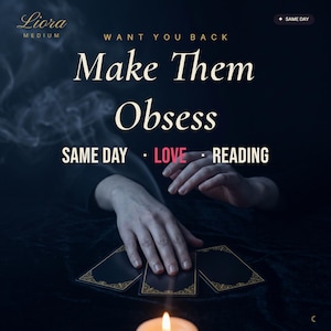 May include: A dark graphic featuring the text Liora Medium, Want You Back, Make Them Obsess, and Same Day Love Reading. Three black tarot cards with gold ornate borders are arranged on a dark surface, with smoke swirling above and a candle flame.