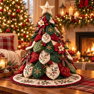 Puede incluir: Una decoración de árbol de Navidad de tela acolchada con paneles superpuestos en forma de hoja en rojo, verde y crema. El árbol está adornado con copos de nieve bordados, ramas de acebo y pequeños lazos de tela, rematado con una estrella acolchada.