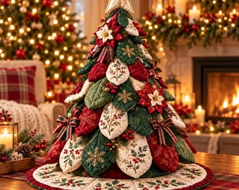 May include: A quilted fabric Christmas tree decoration featuring layered leaf-shaped panels in red, green, and cream. The tree is adorned with embroidered snowflakes, holly sprigs, and small fabric bows, topped with a padded cream star.