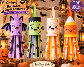 May include: Four hanging paper lanterns featuring Halloween characters: a purple bat, a green monster, a cream-colored mummy, and an orange candy corn. Each lantern has a handle and dangling paper strips with themed cutouts.