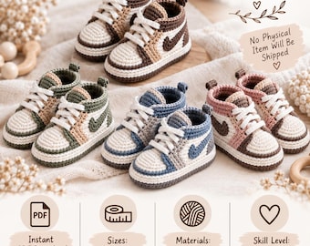May include: A digital download crochet pattern for baby sneakers by knotstich studio. The image displays three pairs of handmade-style crocheted baby shoes in brown, green, blue, and pink colorways, featuring white laces and side swoosh details.