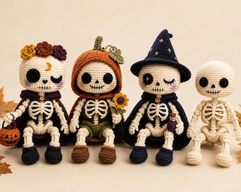 May include: Four crocheted skeleton dolls with cream-colored yarn bodies. The first wears a purple cape and flower crown, holding a pumpkin bucket. The second wears an orange pumpkin hood and holds a sunflower. The third wears a dark blue witch hat and cape, holding a small potion bottle. The fourth is a plain skeleton.