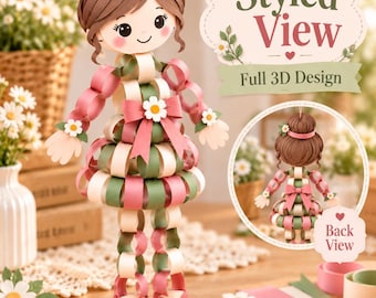 May include: A paper craft doll made of interlocking pink, green, and cream paper loops. The doll has brown hair in a bun, a pink bow, and daisy accents. Text on the image reads Styled View Full 3D Design and Back View.