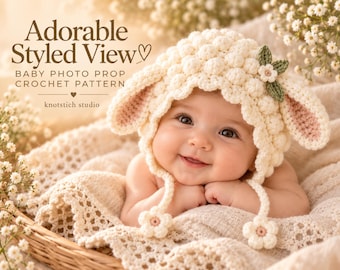May include: A cream-colored crochet baby bonnet featuring a textured bobble stitch pattern, two long ear-like flaps, and small flower accents with green leaves. The text reads Adorable Styled View, Baby Photo Prop Crochet Pattern, knotstich studio.