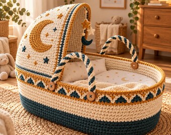 May include: A cream-colored crochet baby bassinet featuring a dark teal base and a hood decorated with a large yellow crescent moon and small stars. The bassinet includes two braided handles, wooden button accents, and a hanging mobile with star and moon shapes.