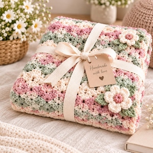 May include: A folded crochet blanket featuring a floral pattern in shades of pink, sage green, and cream. The blanket is tied with a cream-colored ribbon and a rectangular brown paper tag with the text Handmade with love and a heart icon.