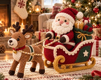 May include: A crocheted Santa Claus figure sitting in a red and green sleigh, pulled by a brown crocheted reindeer. The reindeer wears a red collar with a gold bell. The sleigh contains a green sack filled with small, wrapped gift boxes.