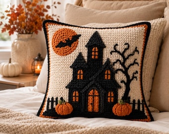 May include: A square crochet throw pillow featuring a cream-colored background with a black haunted house, a large orange moon with a black bat silhouette, two orange pumpkins, a black leafless tree, and a black fence along the bottom edge.