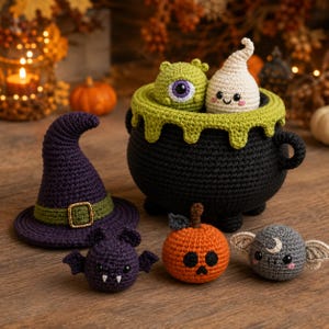 May include: A collection of crocheted Halloween items including a black cauldron with green trim containing a green cyclops and a white ghost, a purple witch hat, a dark purple bat, an orange pumpkin with a skull face, and a gray bat.