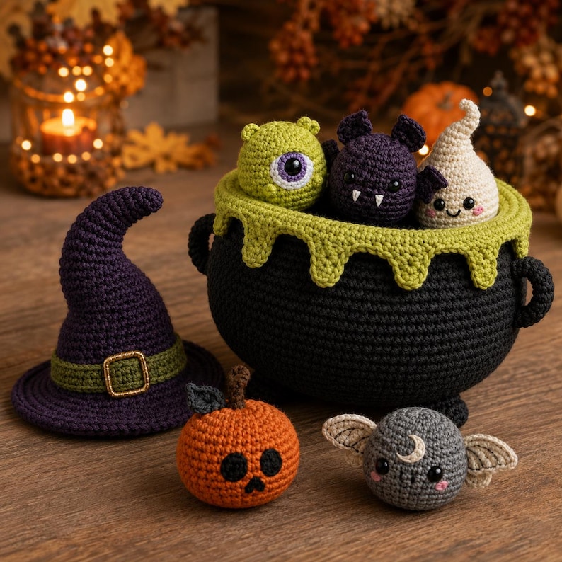 May include: A collection of crocheted items including a black cauldron with green trim, a purple witch hat with a green band, an orange pumpkin, a gray bat with a crescent moon, a green cyclops, a purple bat, and a cream-colored ghost.