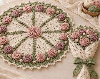 May include: A round cream-colored crochet doily featuring a central rose, green leaf accents, and a border of pink and purple roses. Beside it is a matching crochet bouquet wrapped in cream yarn with a green bow. Text reads KnotStich Studio.