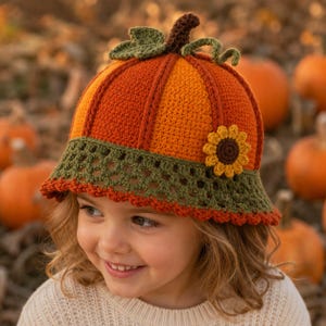 May include: A crochet pumpkin hat in vibrant orange with a dark brown stem, green leaves, and a curly vine. The hat features a wide, olive green lacy brim with a scalloped edge and a small yellow sunflower appliqué attached to the side.