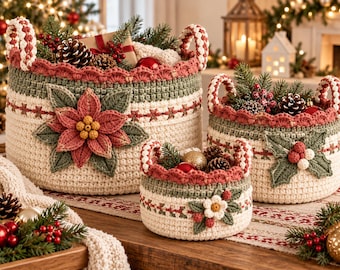 May include: Three round, cream-colored crochet baskets with green and red accents. The largest features a large poinsettia, the medium has holly leaves and berries, and the smallest displays a white flower with green leaves and red berries.