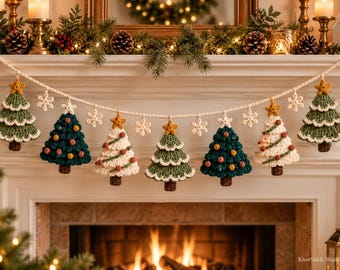 May include: A crochet garland featuring alternating dark green and cream-colored Christmas tree ornaments with brown trunks and yellow star toppers. The trees are decorated with small colorful spheres and interspersed with white crochet snowflakes.