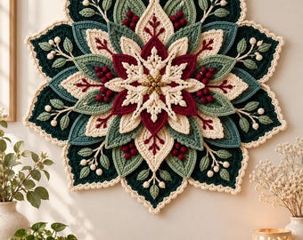 May include: A large, circular, multi-layered crochet wall hanging featuring a floral mandala design. The piece incorporates deep forest green, sage green, cream, and dark red yarn, with small white berry-like accents and a central gold bead cluster.