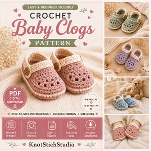 Op de afbeelding: Een digitaal PDF-haakpatroon voor babyklompjes met stapsgewijze instructies, gedetailleerde foto's en een maattabel voor 0-6 maanden tot 18-24 maanden. De omslag toont gehaakte klompjes in roze, saliegroen, paars en blauw met houten knopen.