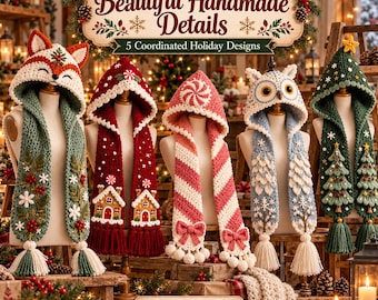 May include: Five hooded scarves featuring holiday designs: a fox, a gingerbread house, a candy cane, an owl, and a Christmas tree. Each scarf is crocheted with intricate details, including tassels, bows, and festive patterns, displayed on mannequins.