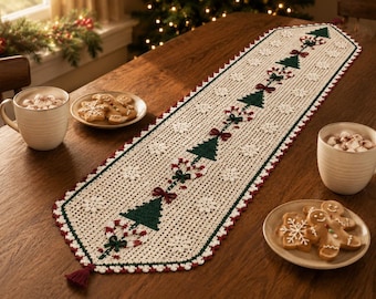 May include: A long, rectangular crochet table runner in cream, featuring a repeating pattern of dark green Christmas trees, red bows, and candy canes. The runner has a scalloped red and white border with small tassels at each pointed end.
