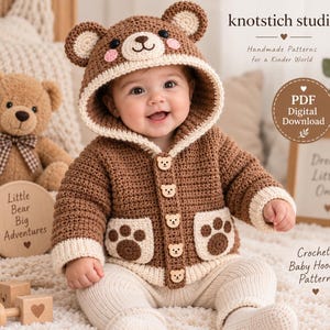 Può includere: Una giacca con cappuccio per neonati all'uncinetto marrone con cappuccio a forma di orso, orecchie, bordo color crema e cinque piccoli bottoni a forma di orso. Il davanti presenta due tasche color crema con impronte di zampe marrone scuro.
