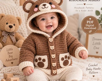 May include: A brown crochet baby hoodie with a bear-themed hood featuring ears, a cream-colored trim, and five small bear-shaped buttons. The front includes two cream-colored pockets with dark brown paw print designs on a brown textured background.