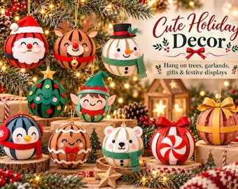 May include: A collection of ten spherical holiday ornaments featuring characters including Santa, a reindeer, a snowman, an elf, a penguin, a gingerbread person, and a polar bear, alongside patterned baubles with text reading Cute Holiday Decor.