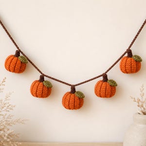 May include: A decorative garland featuring five crocheted orange pumpkins with dark brown stems and small green leaves, all attached to a braided dark brown cord. The pumpkins are evenly spaced along the length of the cord for hanging display.