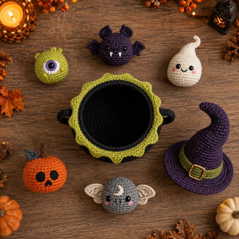 May include: A collection of crocheted items including a black cauldron with a lime green rim, a purple bat, a white ghost, a green cyclops eye, an orange pumpkin with a skull face, a grey moth with a moon symbol, and a purple witch hat.
