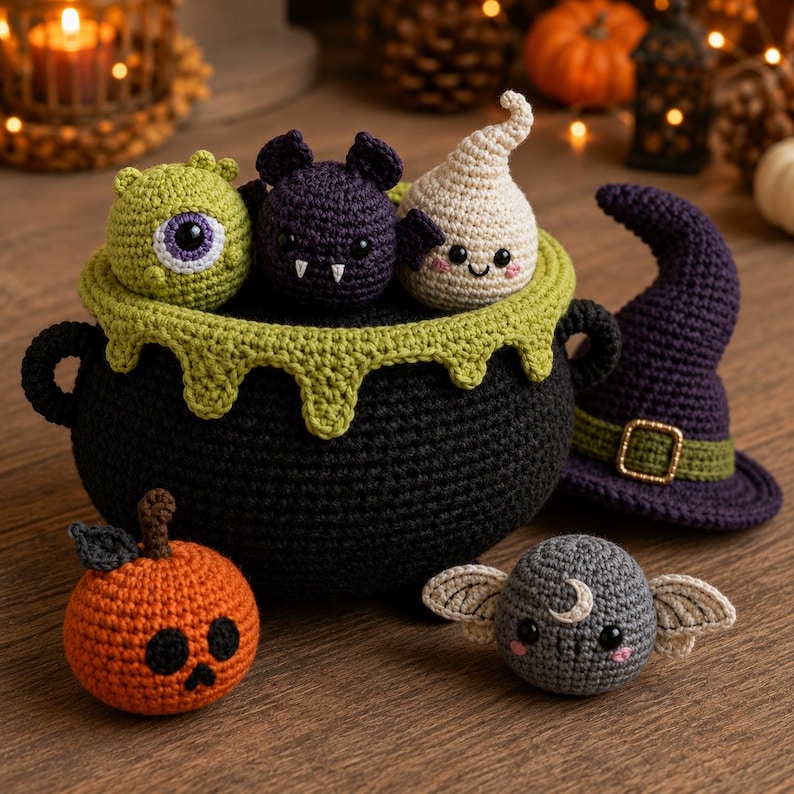 May include: A black crochet cauldron with a green dripping rim, containing a green cyclops, a purple bat, and a white ghost. Beside it sits a purple witch hat, an orange pumpkin with a black face, and a gray moth with a crescent moon symbol.