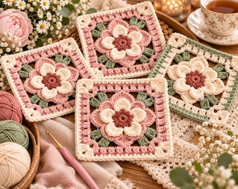 May include: Three square crochet motifs featuring a central floral design with cream-colored petals, a dark pink center, and sage green leaves. The squares are worked in a combination of cream, dusty pink, and sage green yarn, showcasing intricate stitches.