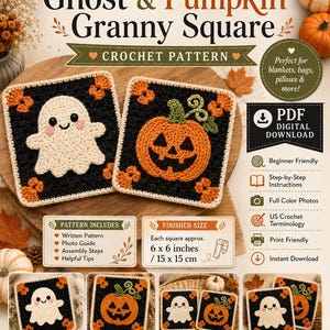Halloween Ghost & Pumpkin Granny Square Crochet Pattern PDF, 6-Inch Crochet Motifs, Instant Download