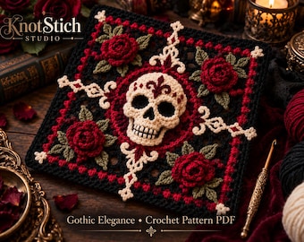 May include: A square crochet piece featuring a central cream-colored skull motif surrounded by four red roses with green leaves on a black background. The design includes intricate cream-colored filigree accents and the text KnotStich STUDIO and Gothic Elegance Crochet Pattern PDF.