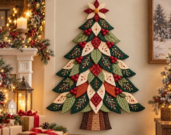 May include: A wall-hanging Christmas tree decoration crafted from layered fabric leaves in shades of dark green, cream, red, and orange. The tree features small red berry clusters, embroidered details on the leaves, and a brown textured trunk.