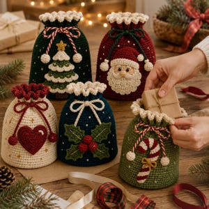 Può includere: Cinque sacchetti regalo all'uncinetto con coulisse e motivi natalizi festivi, tra cui un albero di Natale, Babbo Natale, un cuore rosso, bacche di agrifoglio e un bastoncino di zucchero. Ogni sacchetto ha un bordo arricciato e un cordino.
