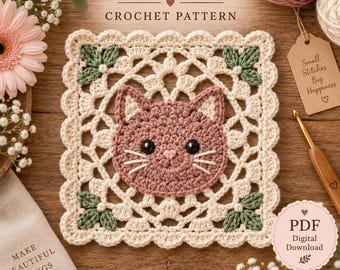 May include: A square crochet pattern featuring a central mauve cat face with black eyes and white whiskers, surrounded by a cream-coloured lacy border with green leaf accents. The text reads knotstich studio CROCHET PATTERN and PDF Digital Download.