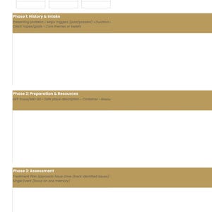 May include: A white document template titled EMDR Case Consultation - Case 1 with fields for Date, Client Initials, and Consultant. It includes three tan-colored horizontal sections labeled Phase 1: History & Intake, Phase 2: Preparation & Resources, and Phase 3: Assessment with sub-headings for clinical notes.