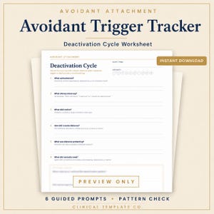 Può includere: Un foglio di lavoro bianco intitolato Avoidant Trigger Tracker e Deactivation Cycle con sei domande numerate per l'autoriflessione. Il documento include campi per data, ora e intensità, con un banner dorato con la scritta Instant Download.