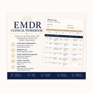 Op de afbeelding: Een wit en marineblauw EMDR Clinical Workbook met de tekst "EMDR CLINICAL WORKBOOK" en "YOUR ALL-IN-ONE TOOL FOR ORGANIZED, EFFECTIVE EMDR TREATMENT". Bevat bewerkbare werkbladen, een geheugenlogboek en een fasentracker.