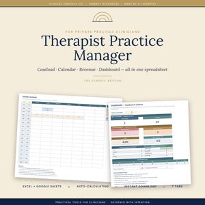 Puede incluir: Una hoja de cálculo digital Therapist Practice Manager para Excel y Google Sheets. La interfaz incluye un calendario maestro y un panel con métricas de casos, seguimiento de ingresos y herramientas de programación en un diseño limpio y profesional.