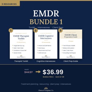 May include: A digital EMDR Bundle 1 featuring three resources: an EMDR Therapist Toolkit with 12 clinical forms, an EMDR Cognitive Interweaves guide with 68 interweaves, and an EMDR Client Preparation Guide containing 22 pages of clinical information.