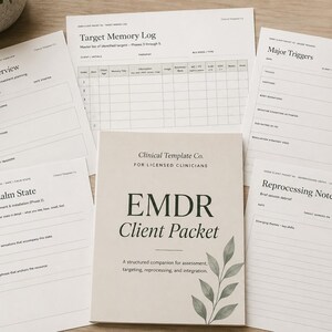 May include: A collection of printed worksheets and a booklet titled "EMDR Client Packet" on a wooden surface. The booklet has the text "Clinical Template Co." and "EMDR Client Packet". A pen, a cup of coffee, and a small plant are also visible.