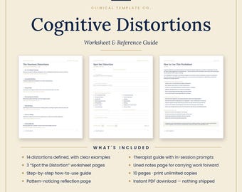 Cognitive Distortions Worksheet & Clinician Guide | CBT Thought Reframing Printable | Therapy Worksheet for Anxiety and Overthinking