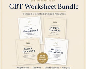 CBT Therapist Worksheet Bundle | Thought Record, Cognitive Distortions, Socratic Questioning & Worry Log | Therapy Printables