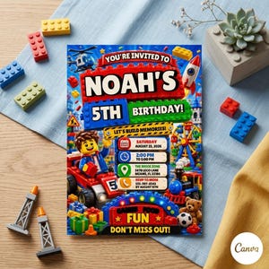 Può includere: Un biglietto d'invito di compleanno rettangolare con un tema a blocchi da costruzione colorati e il testo Noah's 5th Birthday, Let's Build Memories, Saturday August 23, 2026, 2:00 PM to 5:00 PM, The Breck Zone 5678 Lego Lane Miami, FL 33186, RSVP to Mom.
