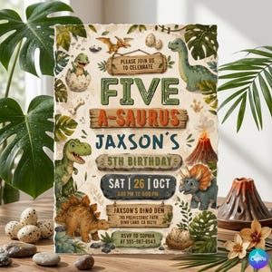 Dinosaur 5th Birthday Invitation, Five A-Saurus Party Invite (Digital Download) D48