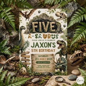 Five A-Saurus Birthday Invitation, Dinosaur Birthday Invitation, T-rex Birthday Invite (Digital Download) D78