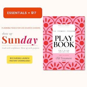 May include: A pink and red patterned playbook titled "Play Book" with the text "Old Testament 2020." The image also includes the text "Show Up Sunday" and "Essentials." The playbook is designed for church leaders.