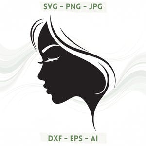 Op de afbeelding: Een zwarte silhouetgrafiek van een zijprofiel van een gezicht met lang, vloeiend haar. De tekst SVG - PNG - JPG verschijnt bovenaan en de tekst DXF - EPS - AI verschijnt onderaan. Het ontwerp kenmerkt zich door strakke lijnen en eenvoud.