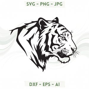 Puede incluir: Una ilustración gráfica en blanco y negro de una cabeza de tigre de perfil mirando a la derecha. El diseño presenta líneas audaces y detalles nítidos. El texto superior dice SVG - PNG - JPG y el inferior DXF - EPS - AI.