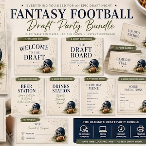 May include: A digital fantasy football draft party bundle featuring ten editable templates with a cream background, navy blue text, and football graphics. Includes an invitation, welcome sign, draft board, food labels, and various station signs.